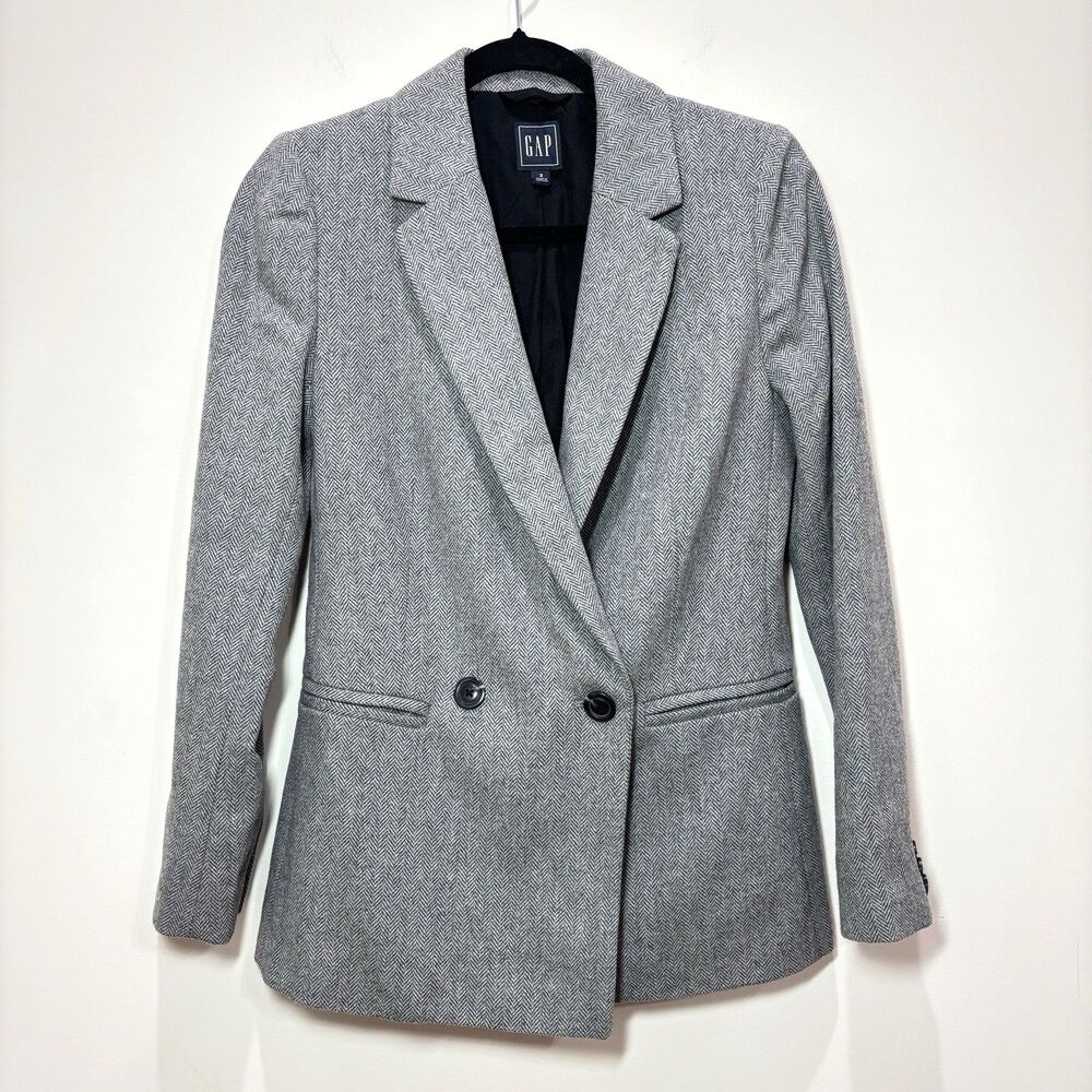 Gap Herringbone Wool Blazer Women 2 Gray Double Breasted Equestrian Prep Career